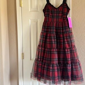 Betsey Johnson Black & Red Plaid Tulle Midi Dress
